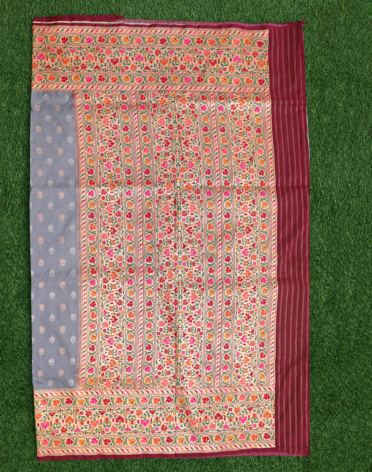 Collection of Grey Banaras Bootis Paithani Border Saree in a gallery layout