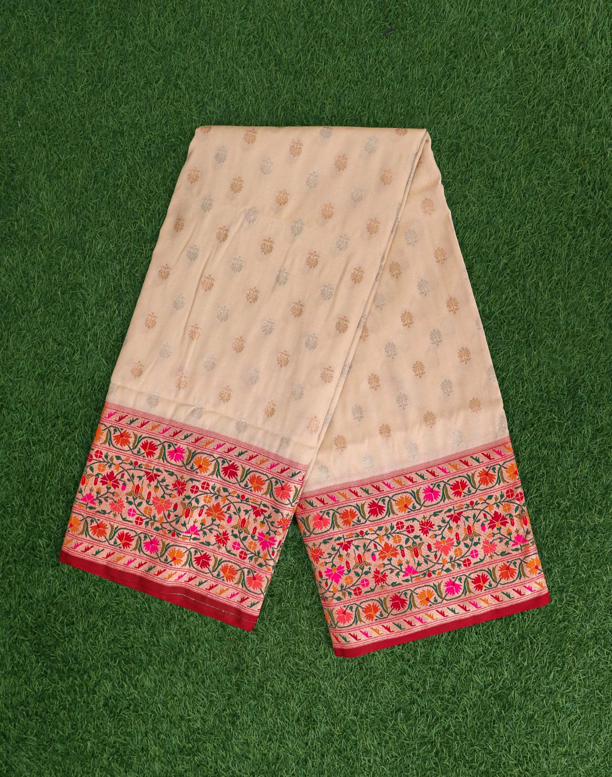 Collection of Cream and Pink Banaras Paithani Border Saree in a gallery layout