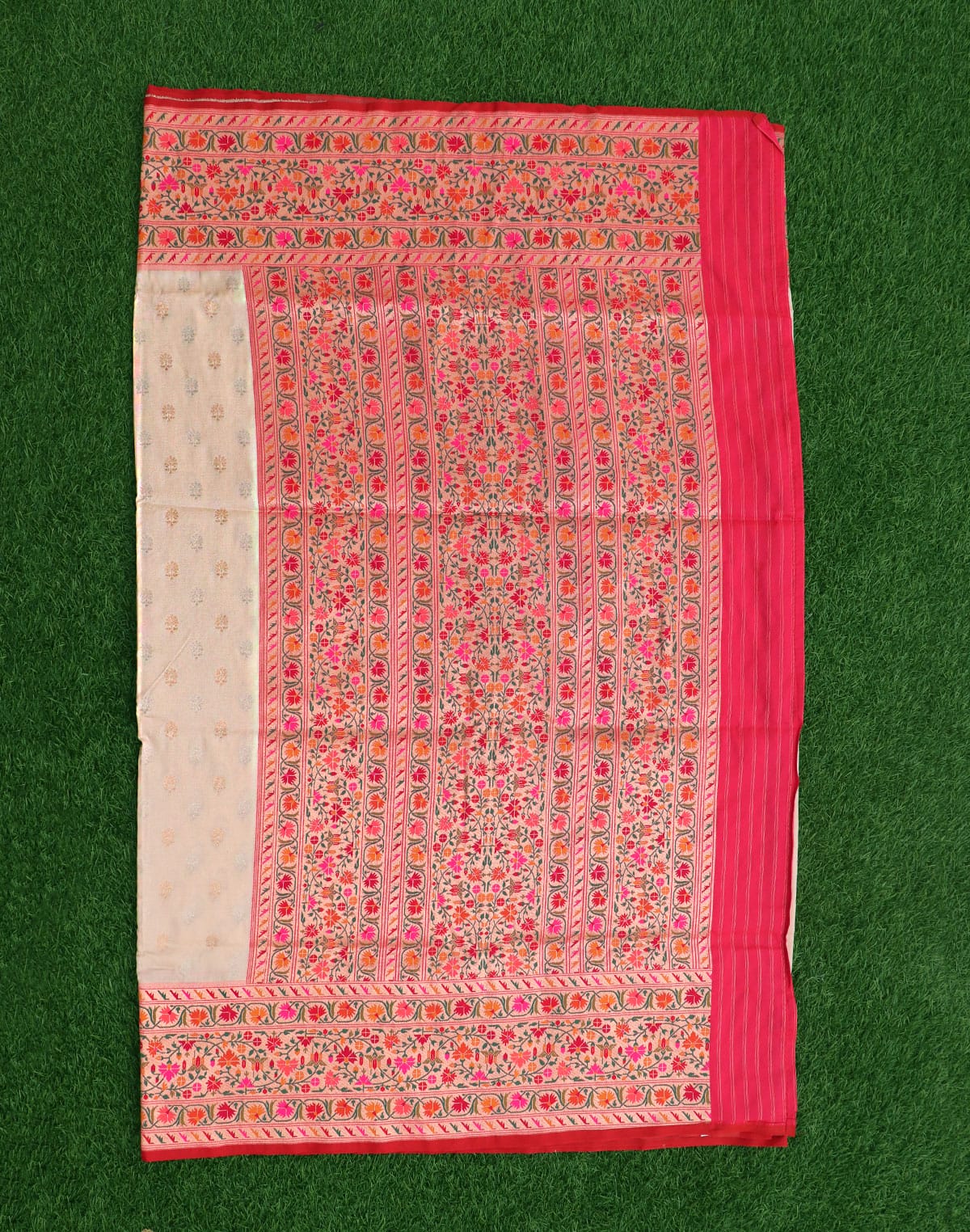 Cream and Pink Banaras Paithani Border Saree