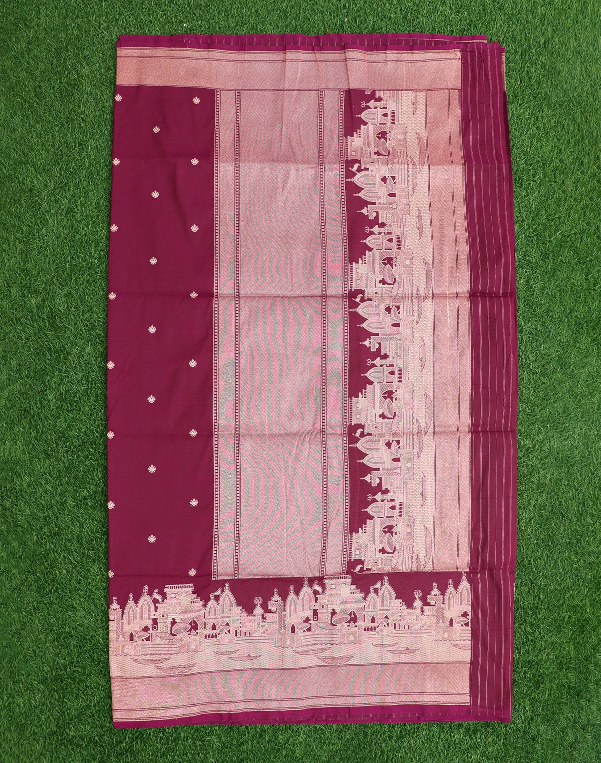 Collection of Wine Coloured Banaras Temple Border Saree in a gallery layout