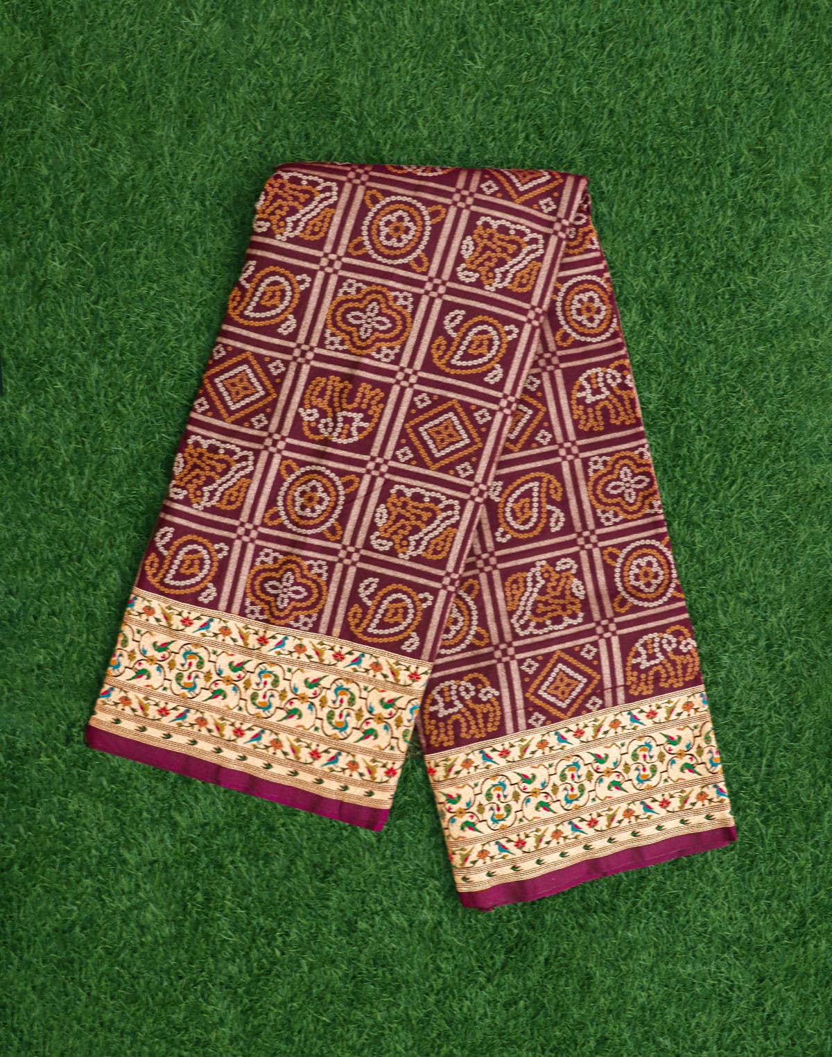 Collection of Wine Bandhini Print with Paithani Border Saree in a gallery layout