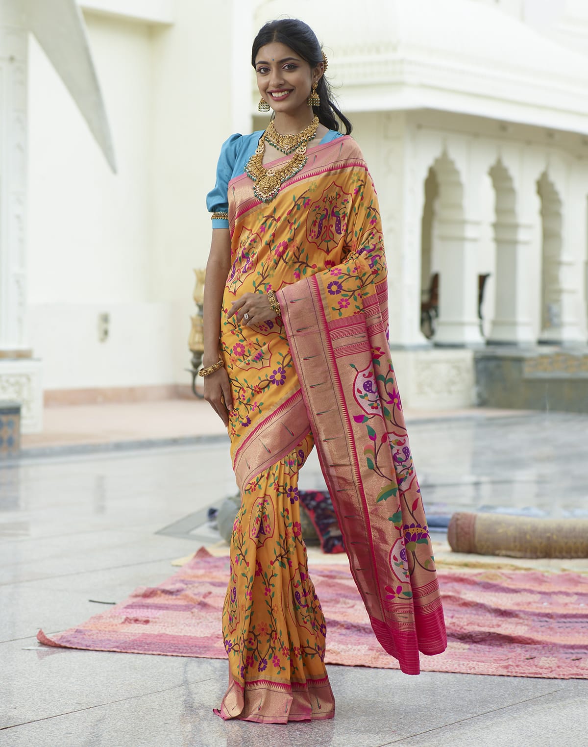 Collection of Bright Mustard Woven Banaras Paithani Silk Saree in a gallery layout