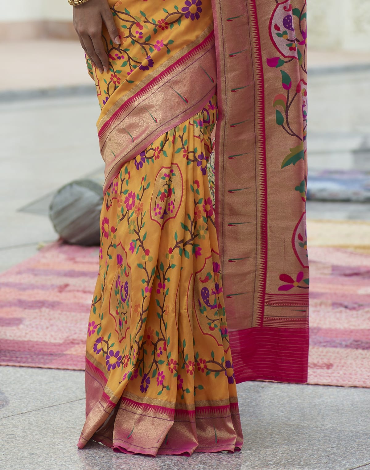 Collection of Bright Mustard Woven Banaras Paithani Silk Saree in a gallery layout