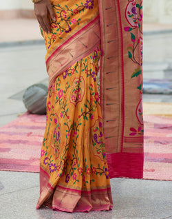 Collection of Bright Mustard Woven Banaras Paithani Silk Saree in a gallery layout