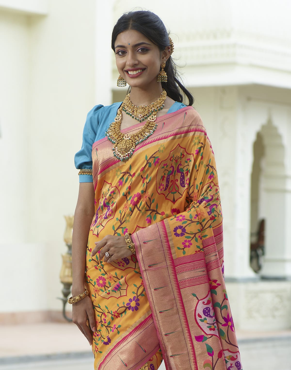 Collection of Bright Mustard Woven Banaras Paithani Silk Saree in a gallery layout