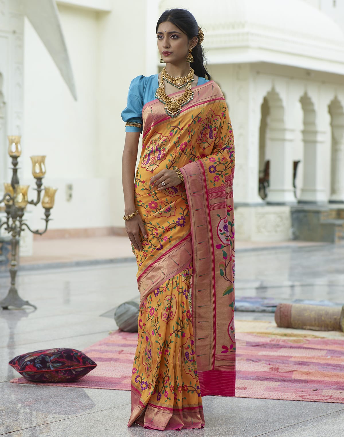 Collection of Bright Mustard Woven Banaras Paithani Silk Saree in a gallery layout