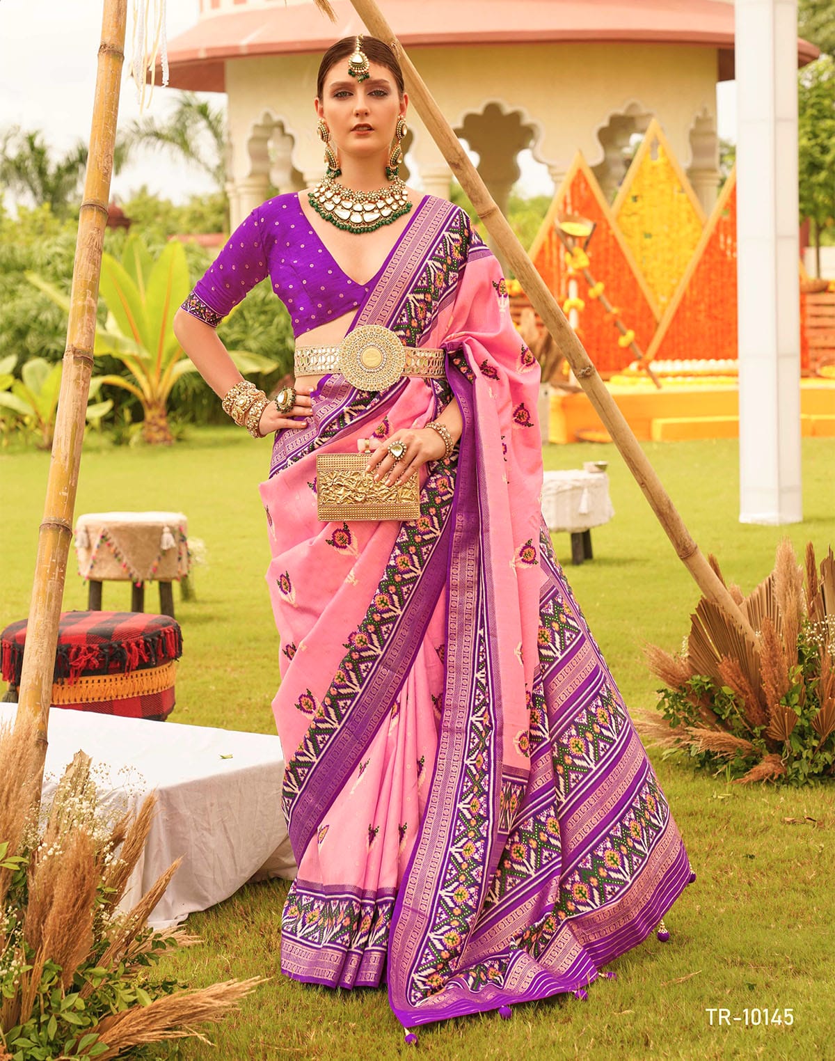 Collection of Decent Pink Coloured Floral Patola Silk Saree in a gallery layout