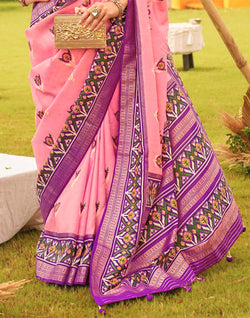 Collection of Decent Pink Coloured Floral Patola Silk Saree in a gallery layout