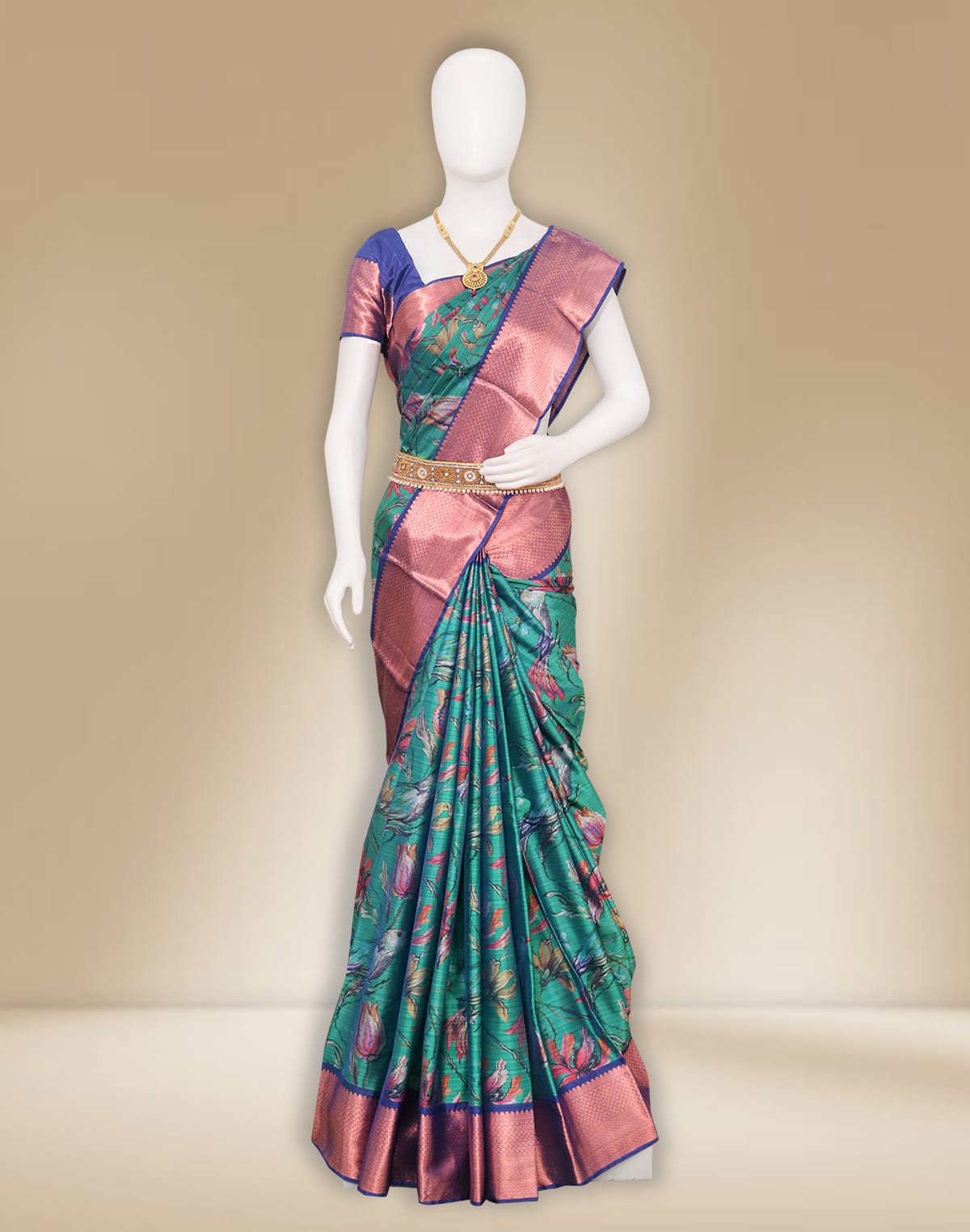 Collection of Green Kanchi Kalamkari Digital Print Saree with Copper Zari Border in a gallery layout