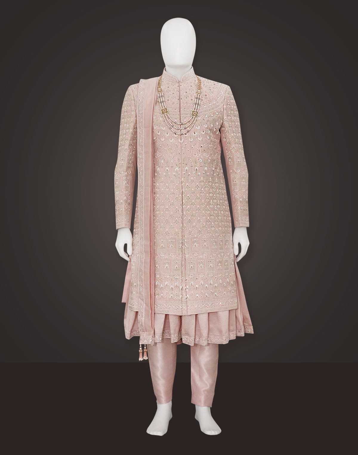 Light Pink Embroidered Raw Silk Sherwani Set With Dupatta and Anarkali Line Kurta