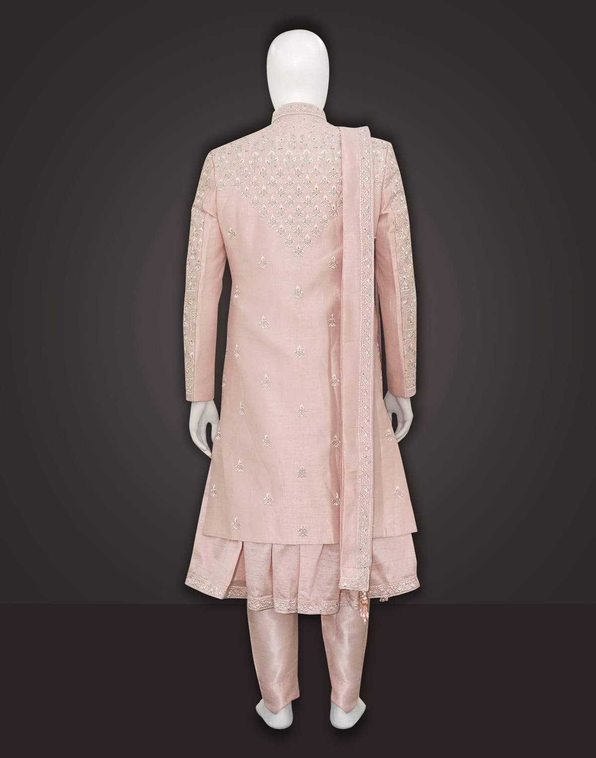 Light Pink Embroidered Raw Silk Sherwani Set With Dupatta and Anarkali Line Kurta