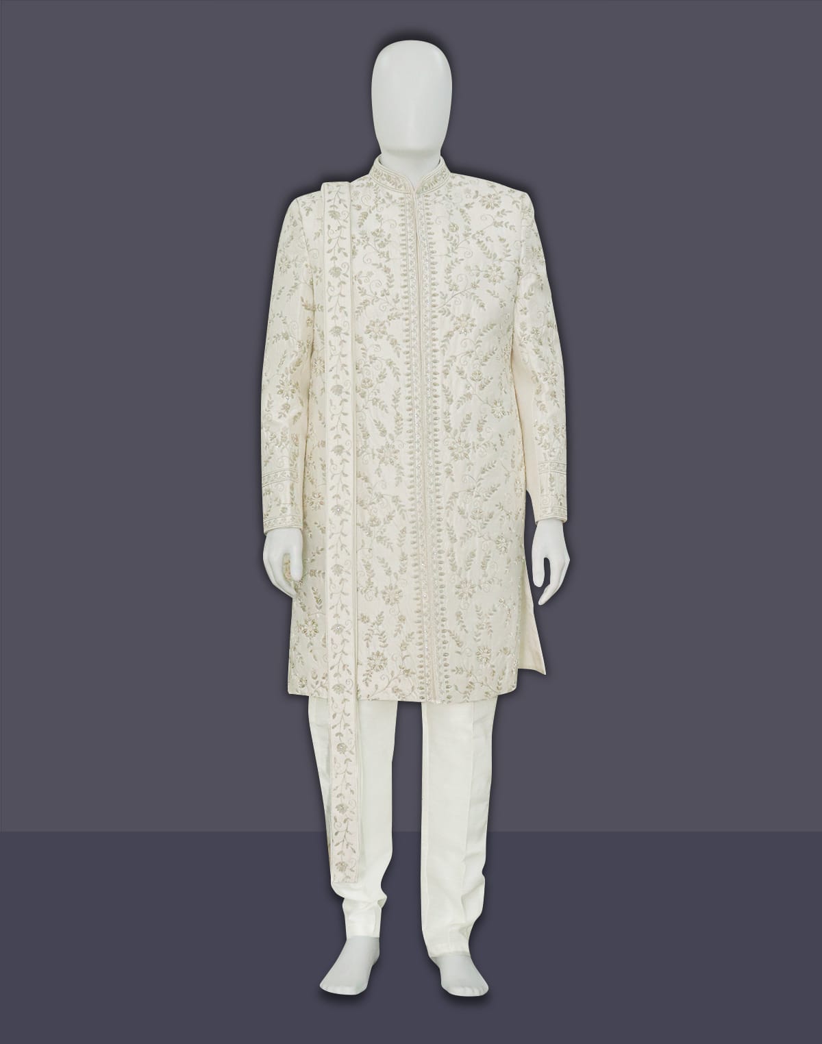 Collection of Zardosi Embroidered Cream Raw Silk Sherwani with Dupatta in a gallery layout