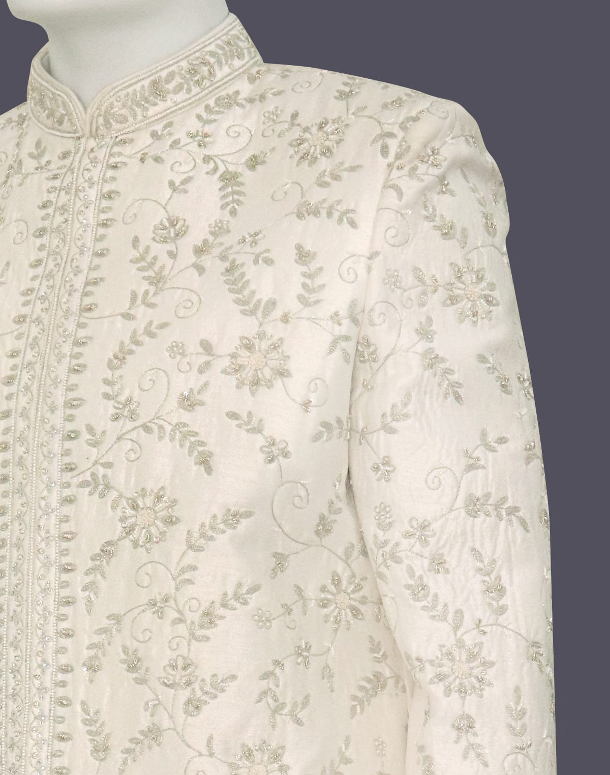 Collection of Zardosi Embroidered Cream Raw Silk Sherwani with Dupatta in a gallery layout