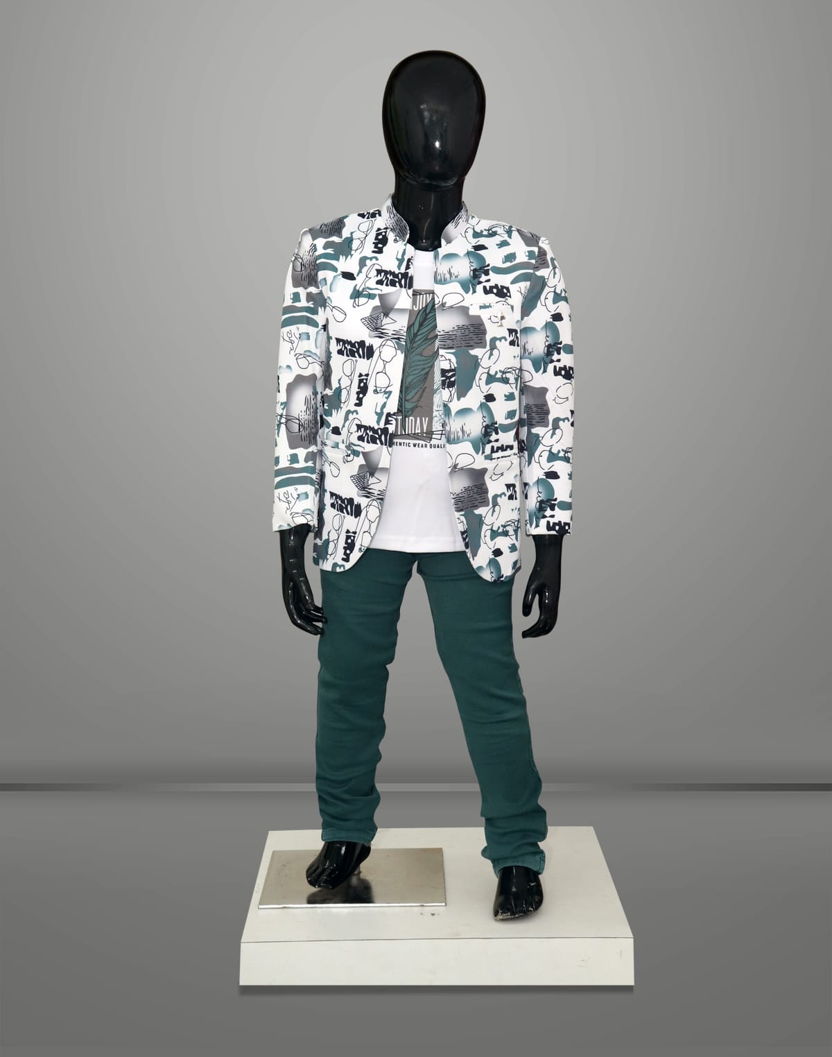 Collection of White and Sea Green Graphic Print Cotton Party Wear Baba Suit in a gallery layout