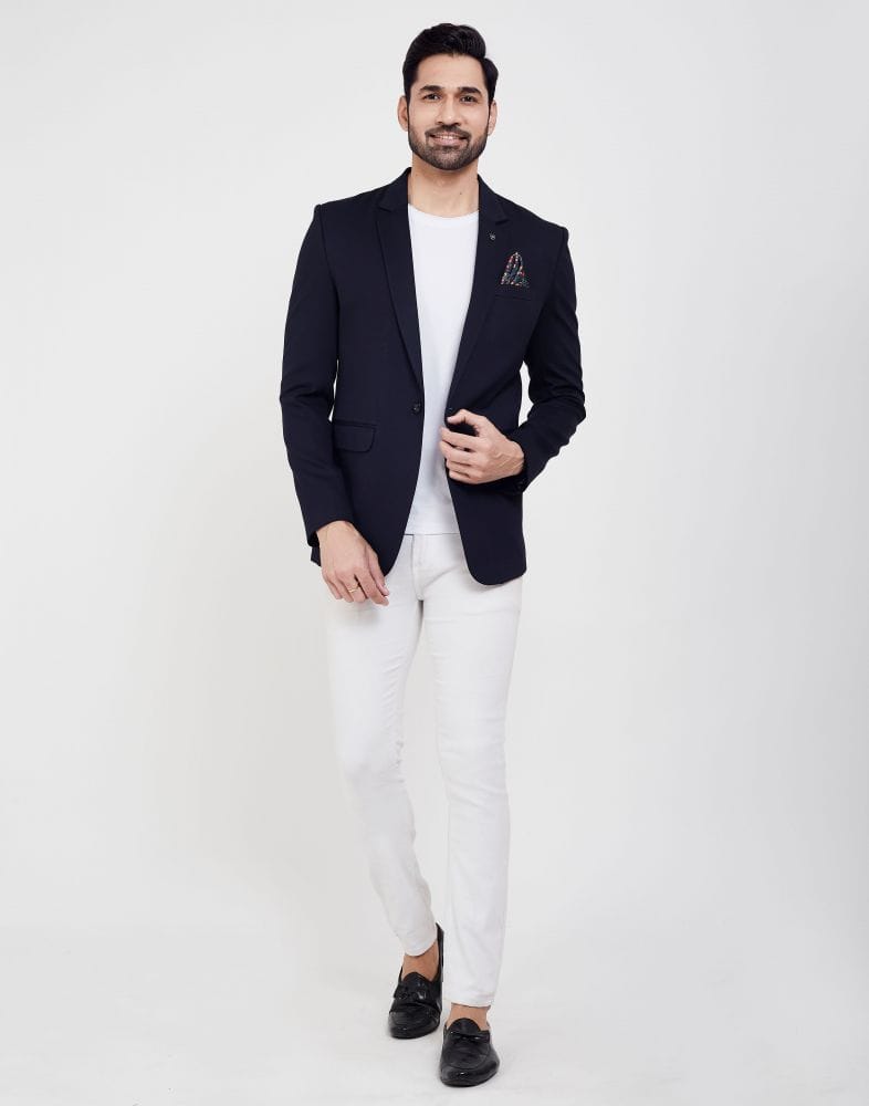 Collection of Navy Blue Fashionable and Stretchable Blazer In a Classy Design in a gallery layout