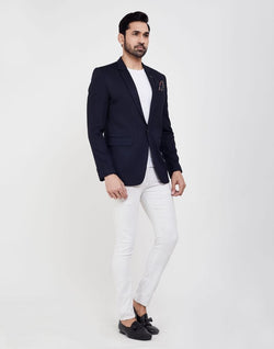 Collection of Navy Blue Fashionable and Stretchable Blazer In a Classy Design in a gallery layout