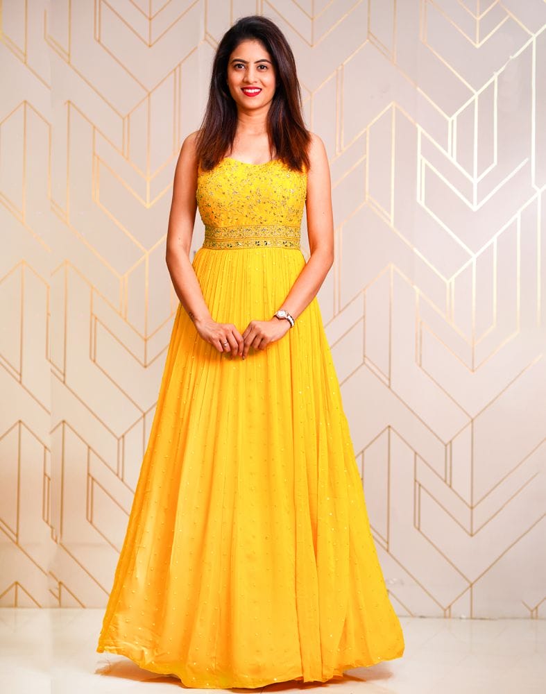 Collection of Elegant Yellow Embellished work Georgette dress gown in a gallery layout