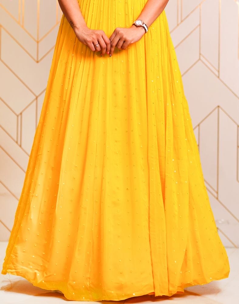 Collection of Elegant Yellow Embellished work Georgette dress gown in a gallery layout