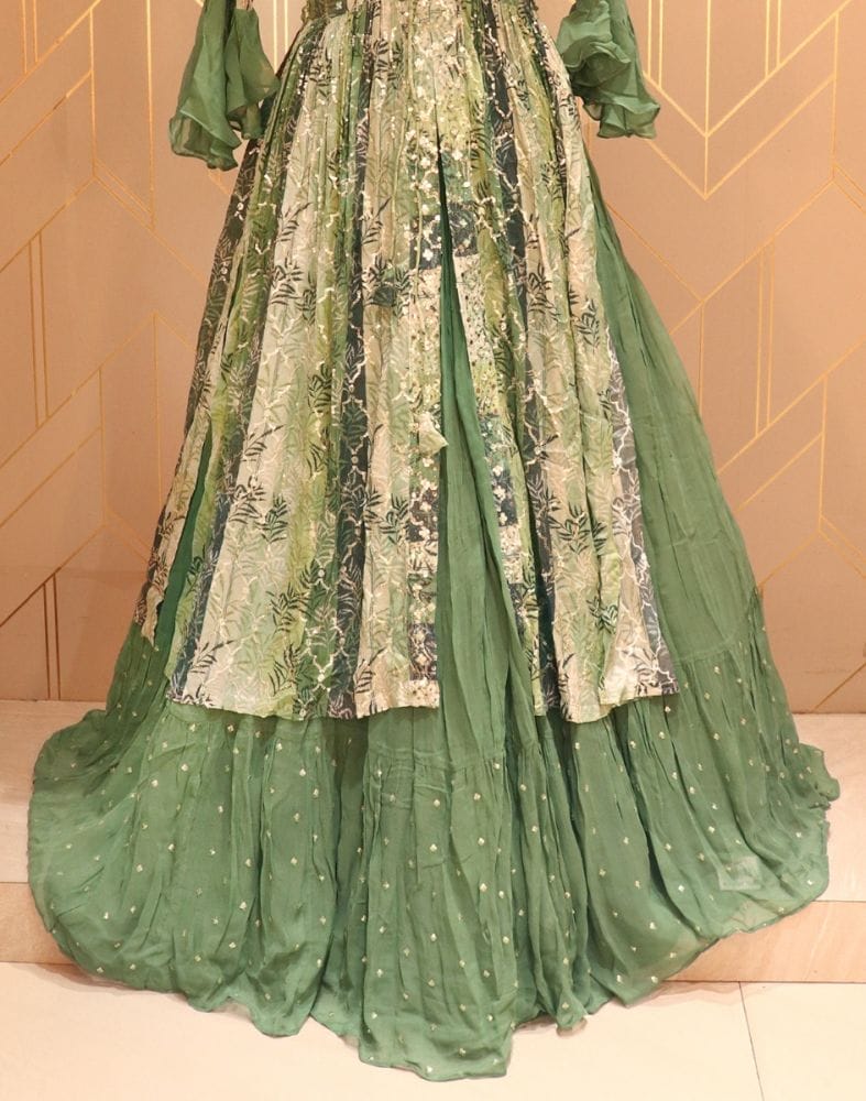 Collection of Olive Green Floral Embellished work Georgette Crop Top with sequenced chiffon coat in a gallery layout