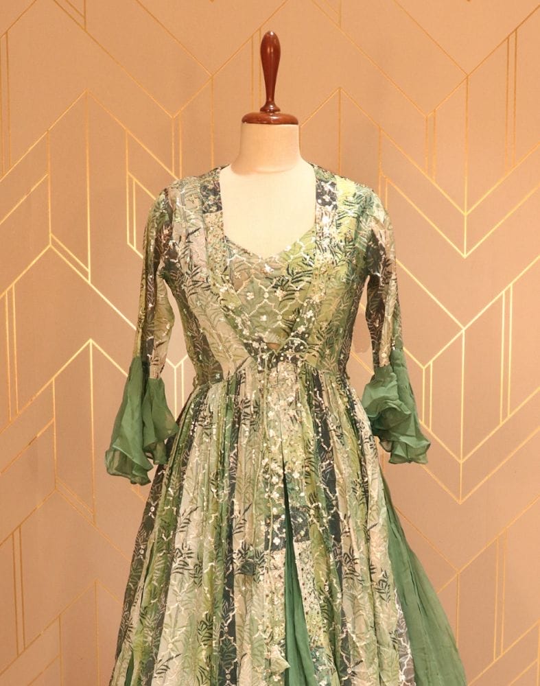 Collection of Olive Green Floral Embellished work Georgette Crop Top with sequenced chiffon coat in a gallery layout