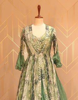 Collection of Olive Green Floral Embellished work Georgette Crop Top with sequenced chiffon coat in a gallery layout