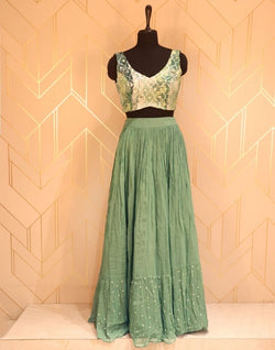 Collection of Olive Green Floral Embellished work Georgette Crop Top with sequenced chiffon coat in a gallery layout