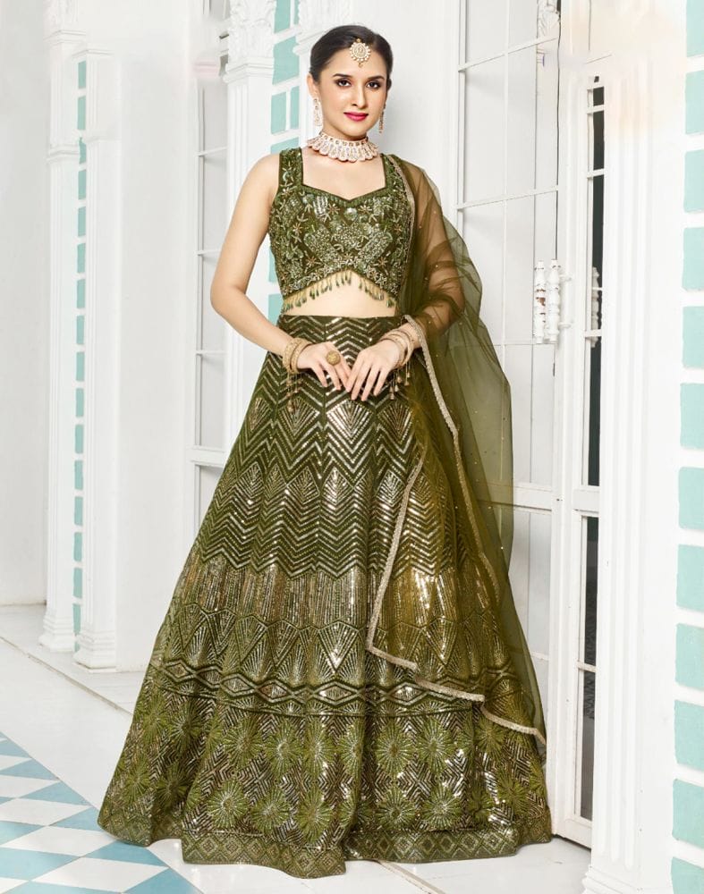 Designer Green Coloured Floral Netted Embellished work Crop Top and Lehenga Set