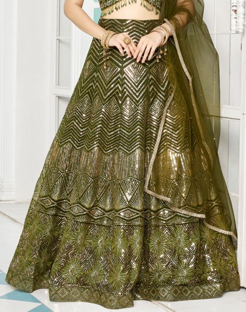 Designer Green Coloured Floral Netted Embellished work Crop Top and Lehenga Set