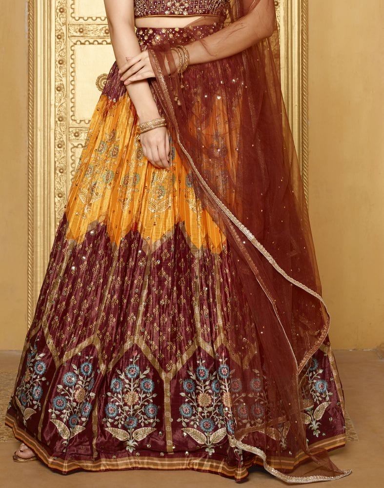 Collection of Beautiful Brown Coloured Floral Crepe Beads work Crop Top and Lehenga Set in a gallery layout