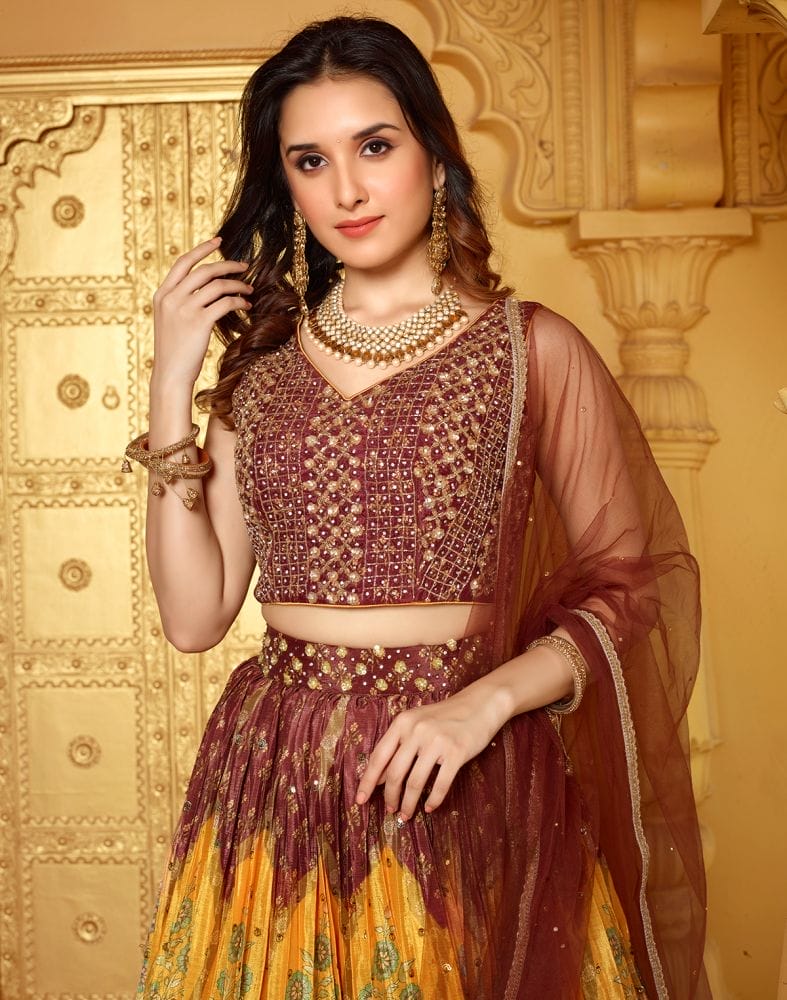 Collection of Beautiful Brown Coloured Floral Crepe Beads work Crop Top and Lehenga Set in a gallery layout