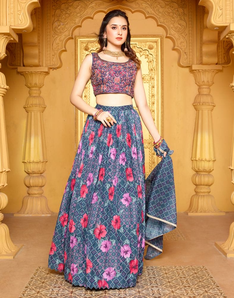 Collection of Beautiful Navy Blue Floral Silk Beads work Crop Top and Lehenga Set in a gallery layout