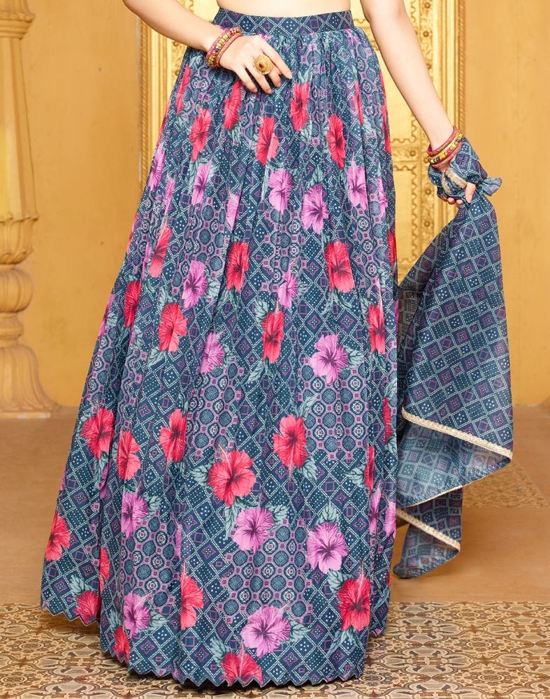 Collection of Beautiful Navy Blue Floral Silk Beads work Crop Top and Lehenga Set in a gallery layout