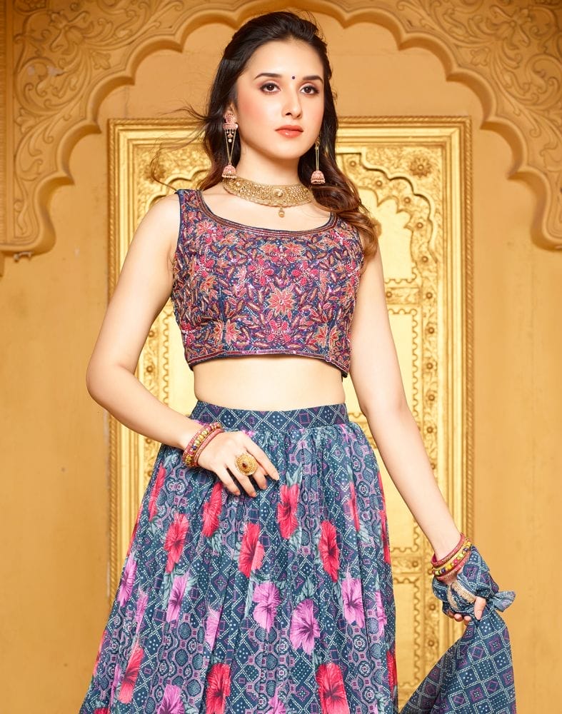 Collection of Beautiful Navy Blue Floral Silk Beads work Crop Top and Lehenga Set in a gallery layout