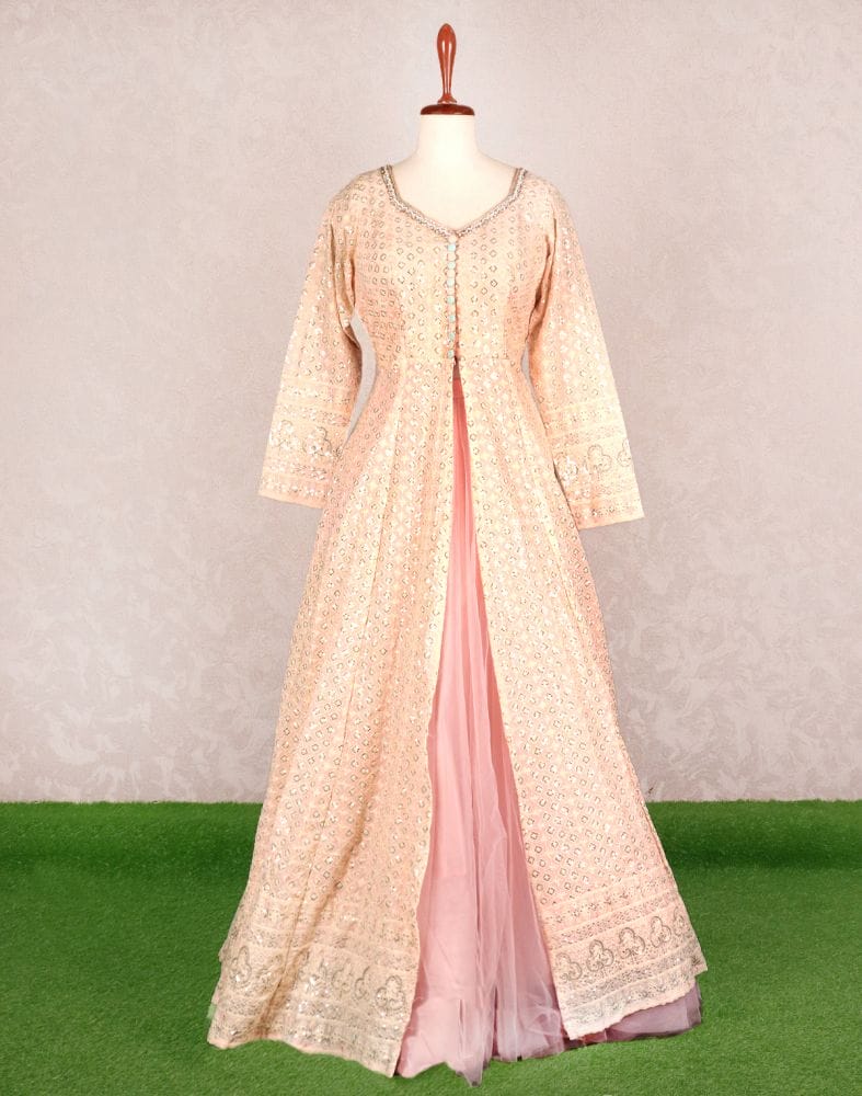 Collection of Designer Peach colour Geometric Chikankari Georgette Crop Top and lehenga set in a gallery layout