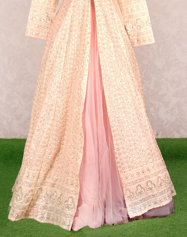 Collection of Designer Peach colour Geometric Chikankari Georgette Crop Top and lehenga set in a gallery layout