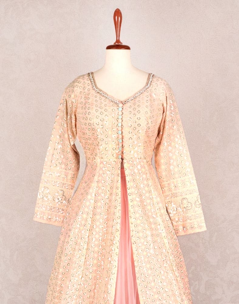 Collection of Designer Peach colour Geometric Chikankari Georgette Crop Top and lehenga set in a gallery layout