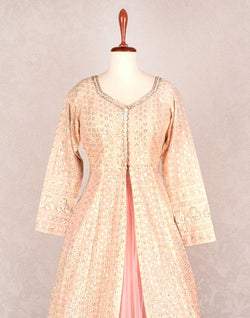 Collection of Designer Peach colour Geometric Chikankari Georgette Crop Top and lehenga set in a gallery layout