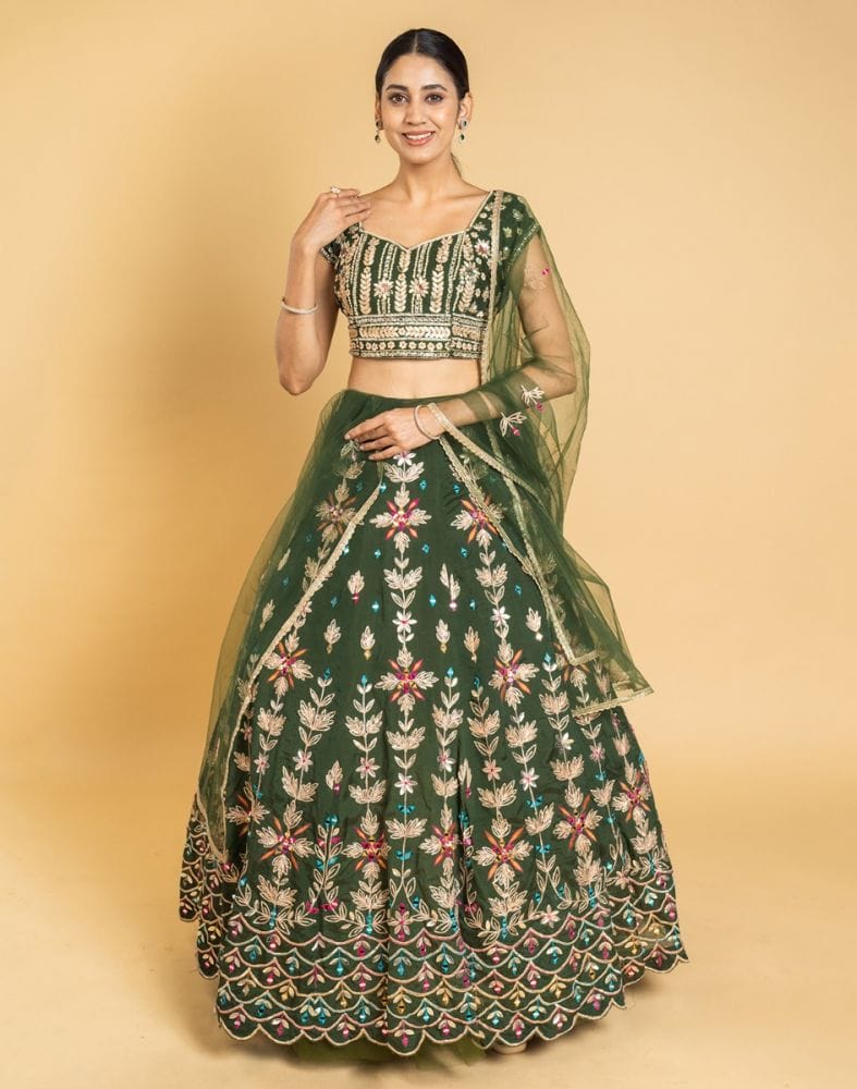 Designer Green Floral Gotta Patti Work Chiffon Crop Top and lehenga set