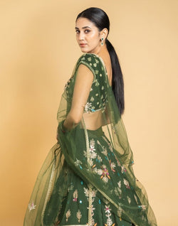 Collection of Designer Green Floral Gotta Patti Work Chiffon Crop Top and lehenga set in a gallery layout