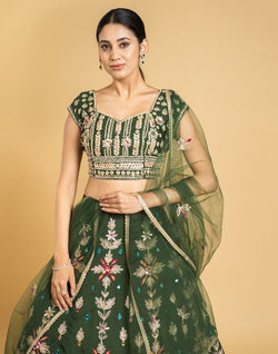 Collection of Designer Green Floral Gotta Patti Work Chiffon Crop Top and lehenga set in a gallery layout