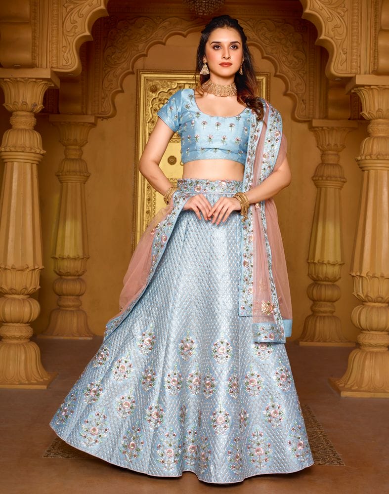 Collection of Designer Sky Blue Botanical Raw Silk Beads work Crop Top and Lehenga Set in a gallery layout