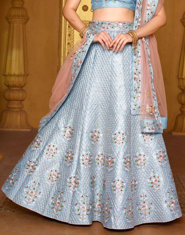 Collection of Designer Sky Blue Botanical Raw Silk Beads work Crop Top and Lehenga Set in a gallery layout