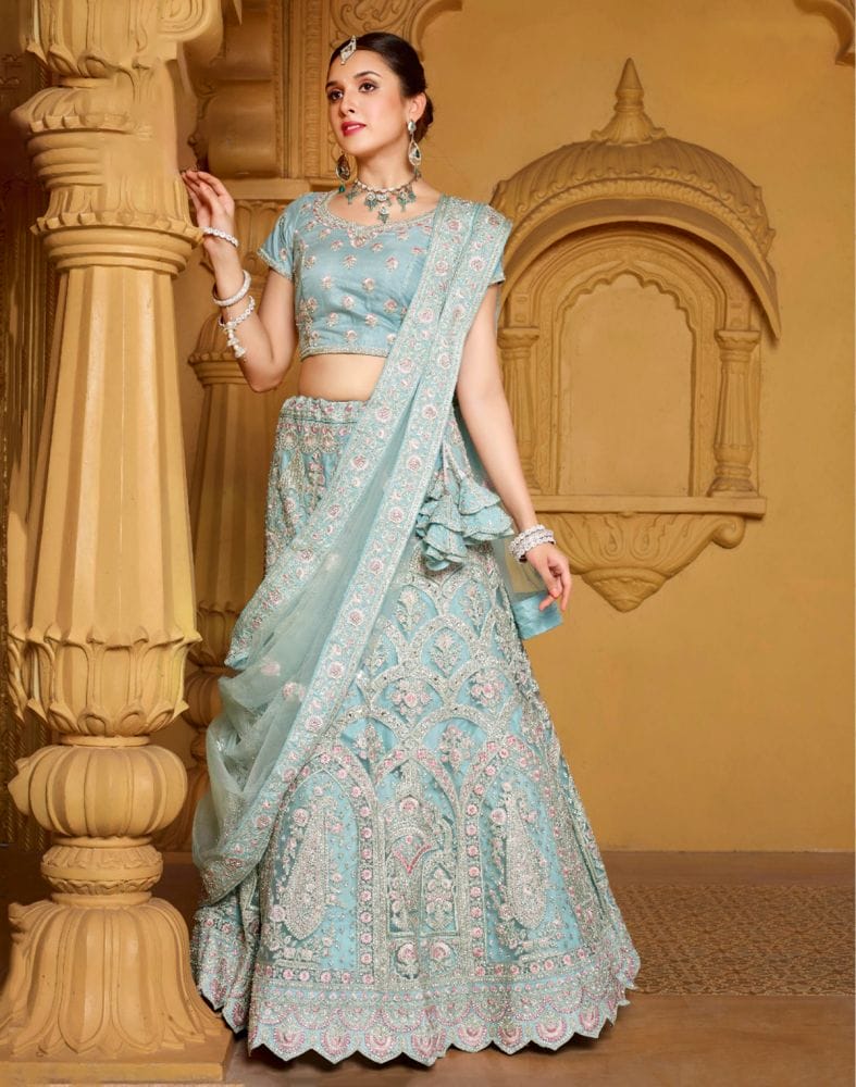 Collection of Designer Sea Green Floral Netted Stones work Crop Top and Lehenga Set in a gallery layout