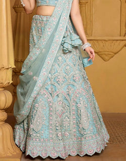 Collection of Designer Sea Green Floral Netted Stones work Crop Top and Lehenga Set in a gallery layout