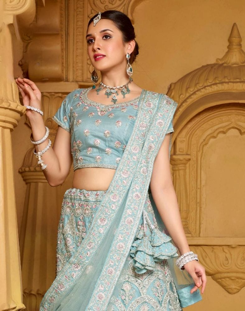 Designer Sea Green Floral Netted Stones work Crop Top and Lehenga Set