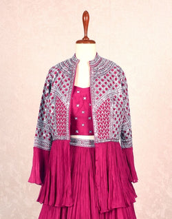 Collection of Designer Wine Floral Mirror work Chiffon Crop Top with Jacket in a gallery layout