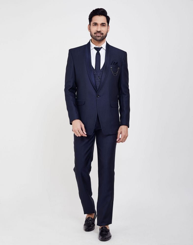 Navy Blue Self Textured 5 Pc Tuxido Designer Suit