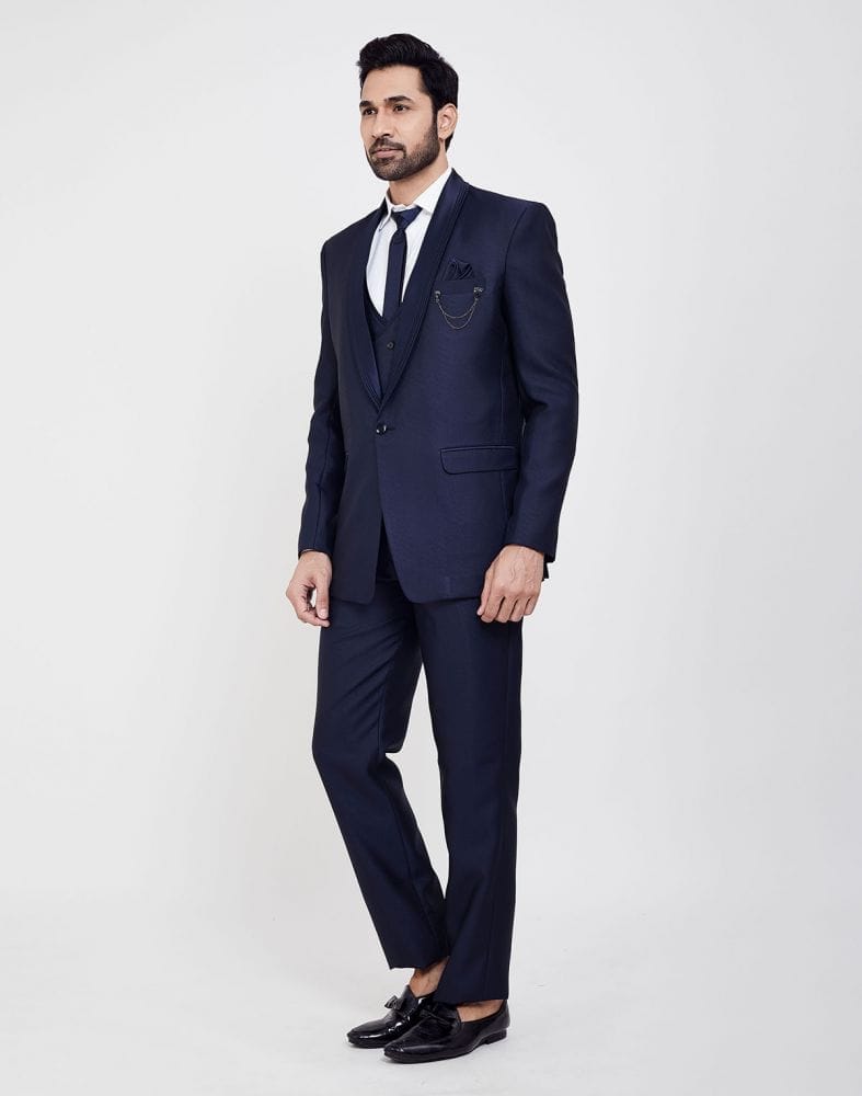 Navy Blue Self Textured 5 Pc Tuxido Designer Suit