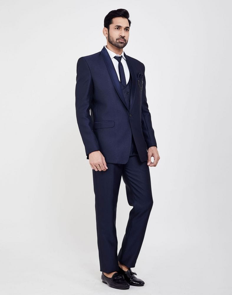 Navy Blue Self Textured 5 Pc Tuxido Designer Suit