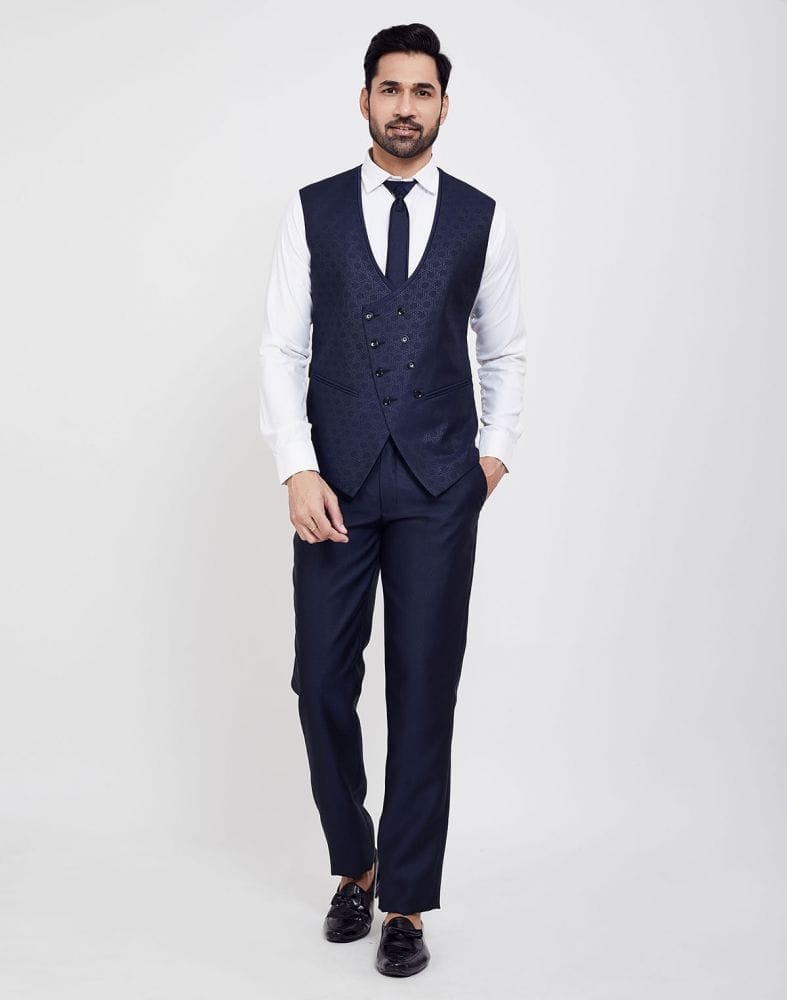 Navy Blue Self Textured 5 Pc Tuxido Designer Suit